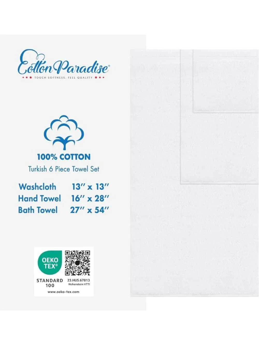 Soft Absorbent 100% Cotton Turkish Towel Set, Quick Dry, 6 Pieces, Snow White